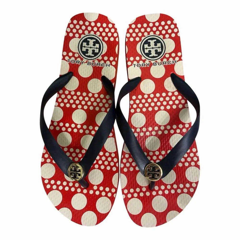 Tory Burch Red & Navy blue Gold Logo Original Wide Strap Flip Flops Sandals Sz 8